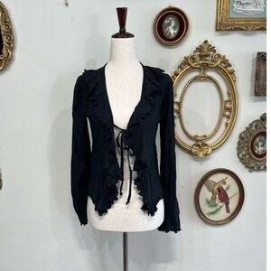 Vintage Cheryl Creations Y2K Black Lettuce Trim Ruffle Tie-Front Cardigan L